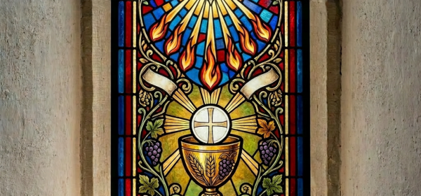 Stained glass window showing a white dove with an olive branch, flames, and a golden chalice with a white communion wafer